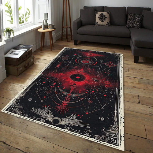 Goth Occult Area Rug, Red Black Sacred Geometry, Non-Slip Floor