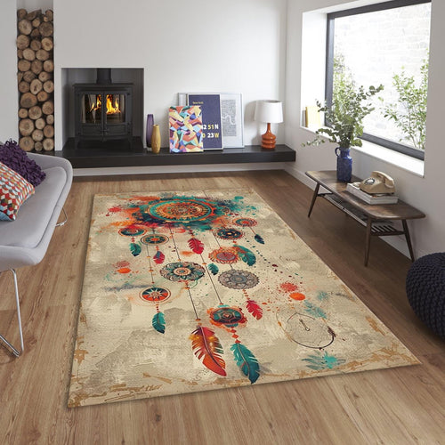 Boho Dreamcatcher Area Rug, Colorful Feather Art, Non-Slip Carpet