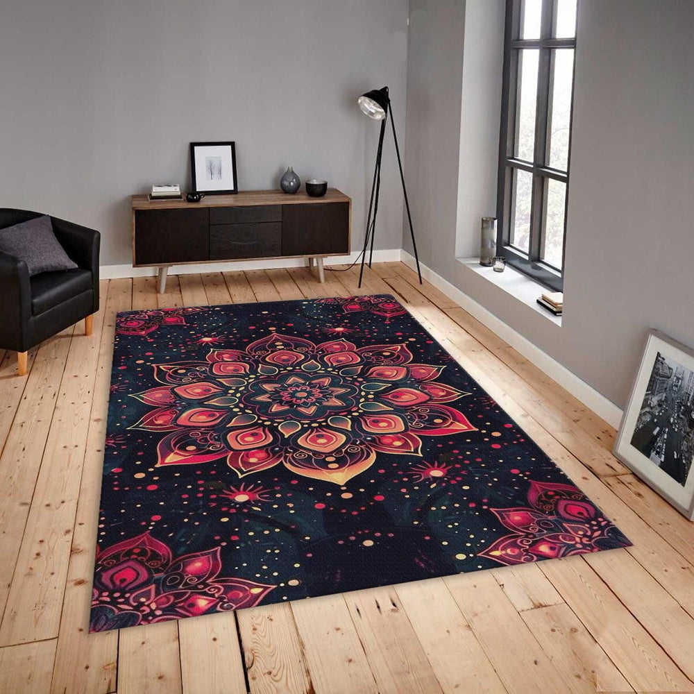 Red Gold Mandala Area Rug, Spiritual Zen Decor, Non-Slip