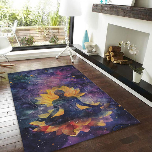 Lotus Flower Meditation Rug, Watercolor Galaxy Art, Non-Slip