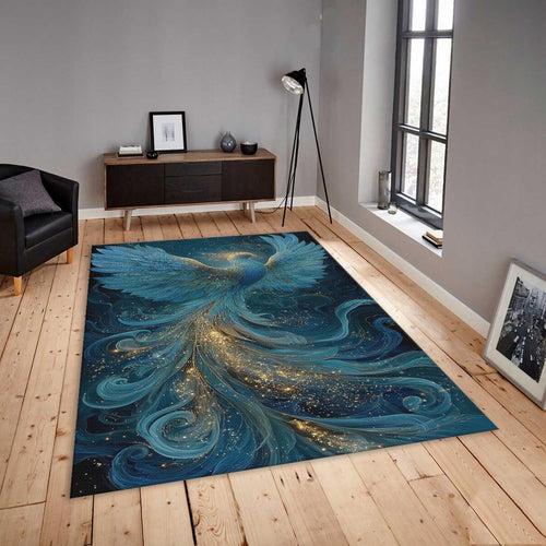 Phoenix Area Rug, Blue Gold, Zen Reiki Decor, Non-Slip