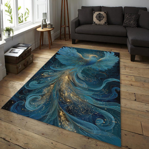 Phoenix Area Rug, Blue Gold, Zen Reiki Decor, Non-Slip