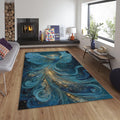 Phoenix Area Rug, Blue Gold, Zen Reiki Decor, Non-Slip