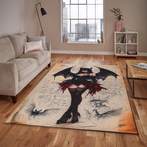 Gothic Demon Girl Rug, Dark Fantasy Area Rug