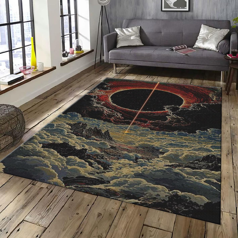 Cosmic Eclipse Rug, Celestial Art Dark Fantasy Landscape Decor