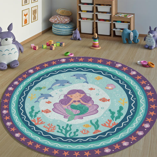 Mermaid Round Kids Rug Under the Sea Nursery Decor