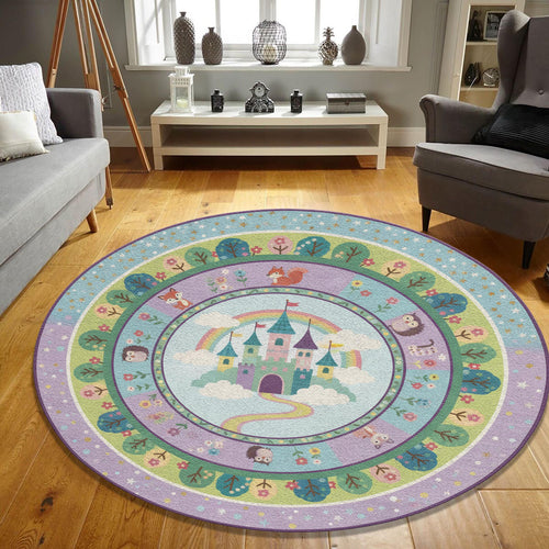 Princess Castle Round Rug Pastel Nursery Playroom Decor