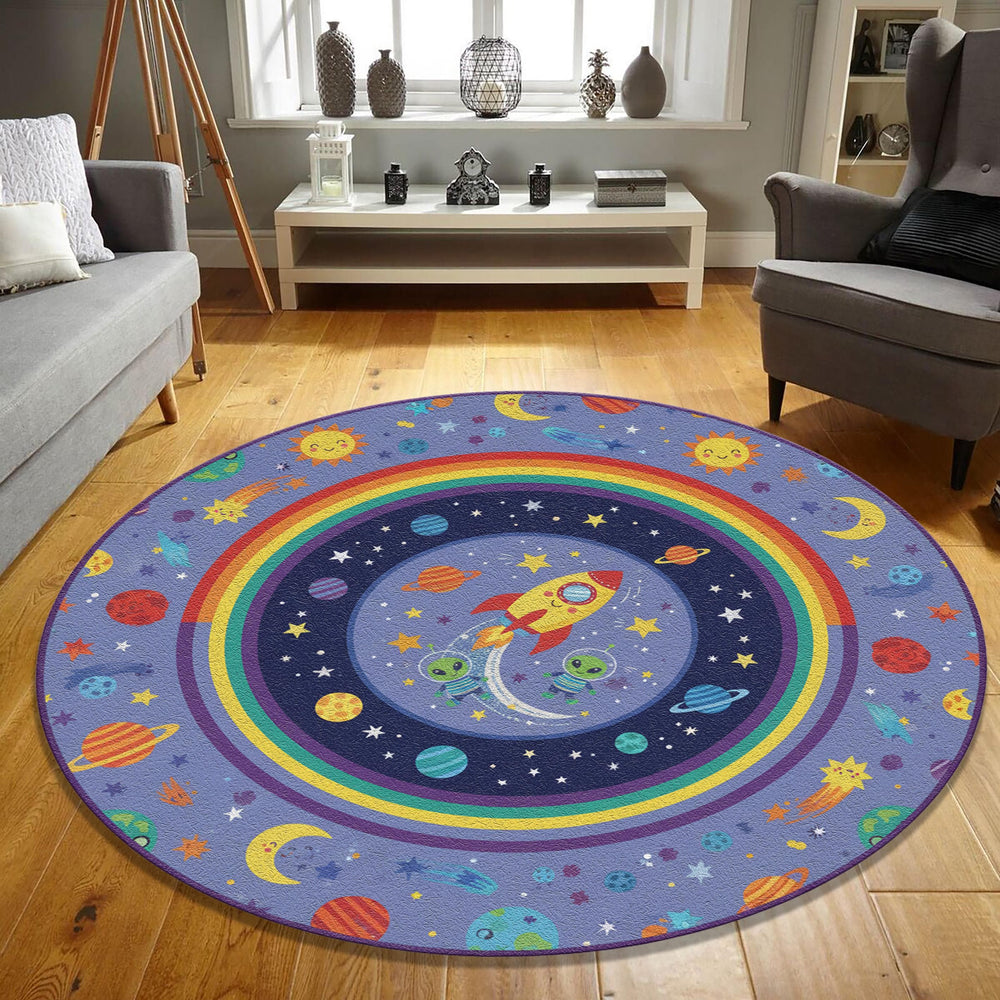 Kids Space Rug Rocket, Aliens, Rainbow Nursery Decor