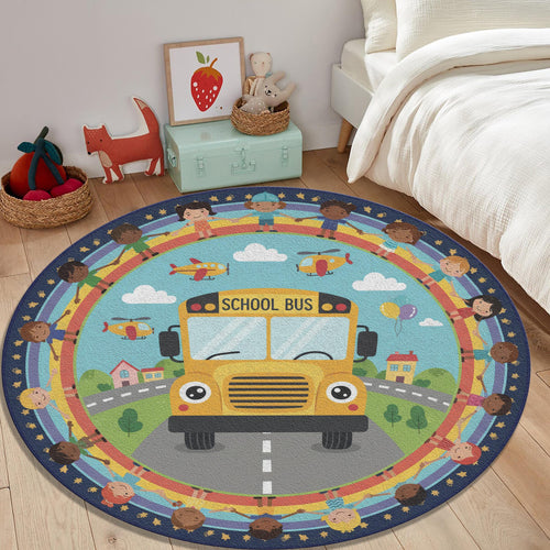School Bus Round Rug Classroom Kids Playroom Circle Carpet