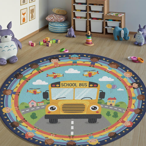 School Bus Round Rug Classroom Kids Playroom Circle Carpet
