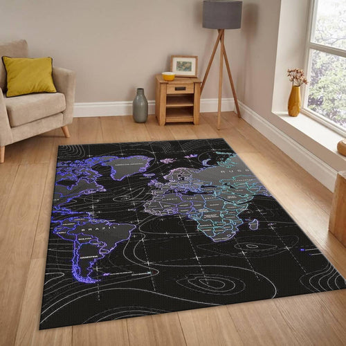Neon World Map Rug, Cyberpunk Style