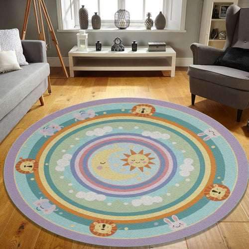 Pastel Nursery Rug Celestial Sun, Moon & Rainbow Kids Playroom