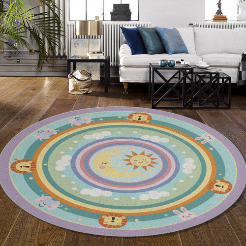 Pastel Nursery Rug Celestial Sun, Moon & Rainbow Kids Playroom