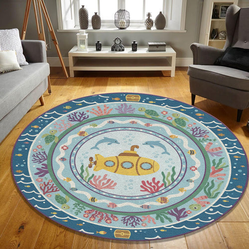 Yellow Submarine Round Rug Nautical Nursery Playroom Circle Mat