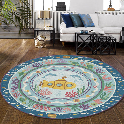 Yellow Submarine Round Rug Nautical Nursery Playroom Circle Mat