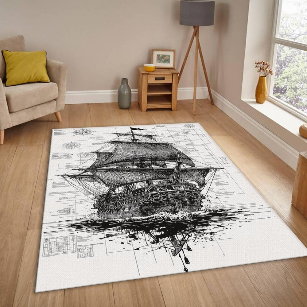 Vintage Pirate Ship Rug, Nautical Sketch Art