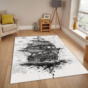 Vintage Pirate Ship Rug, Nautical Sketch Art