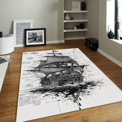 Vintage Pirate Ship Rug, Nautical Sketch Art