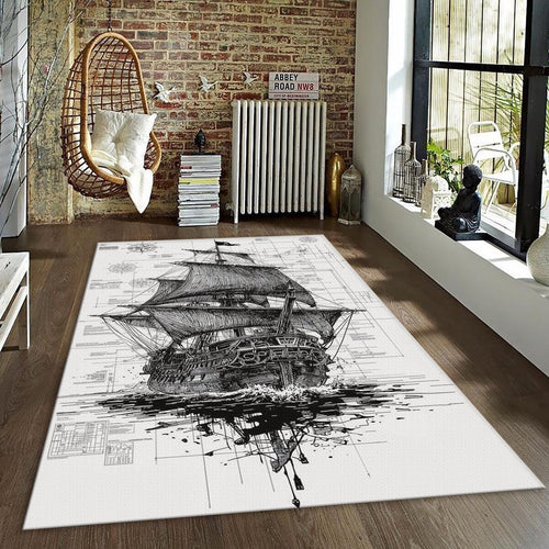 Vintage Pirate Ship Rug, Nautical Sketch Art