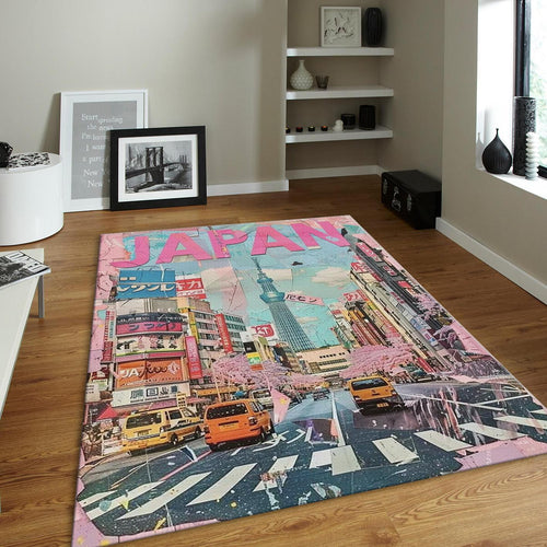 Pink Japan Rug, Tokyo Street Collage