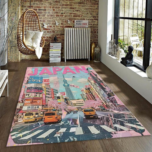 Pink Japan Rug, Tokyo Street Collage