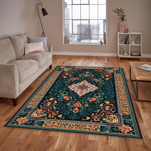 Oriental Rug, Dark Teal & Red Ornate Floral Medallion Decor Gift