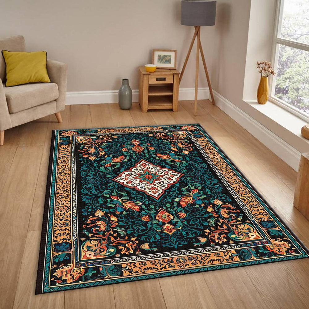 Oriental Rug, Dark Teal & Red Ornate Floral Medallion Decor Gift