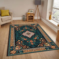 Oriental Rug, Dark Teal & Red Ornate Floral Medallion Decor Gift