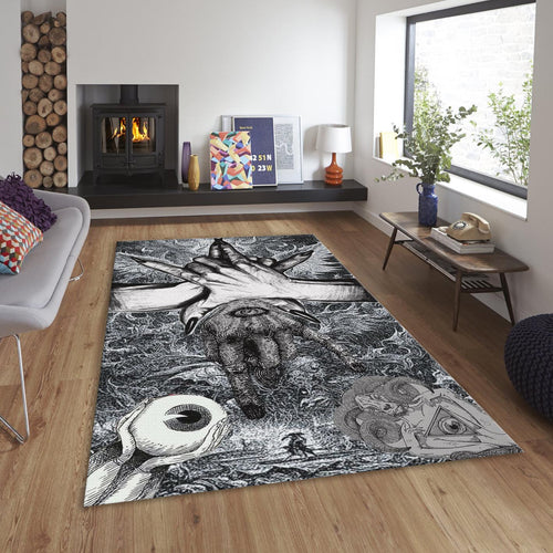 Dark Surrealism Rug, Hand Eye Sketch Art