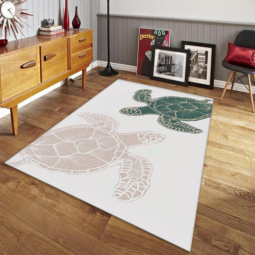 Boho Sea Turtle Rug, Green and Pink