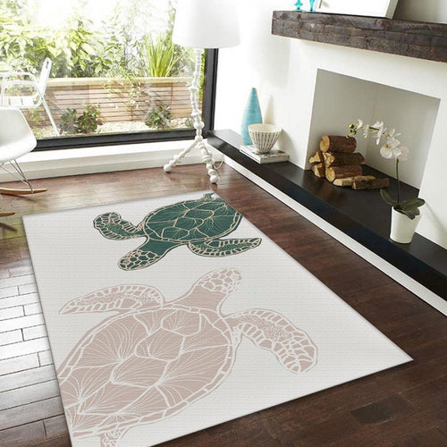 Boho Sea Turtle Rug, Green and Pink