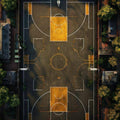 Aerial Basketball Court Rug, Black and Gold