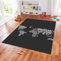 Monochrome World Map Rug, Typographic Text Art