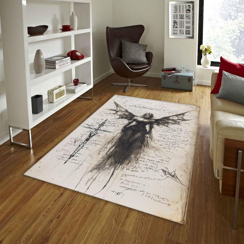 Gothic Angel Rug, Dark Fantasy Art Vintage Sketchbook Decor