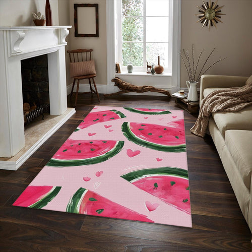 Watercolor Watermelon Rug, Pink Hearts Art