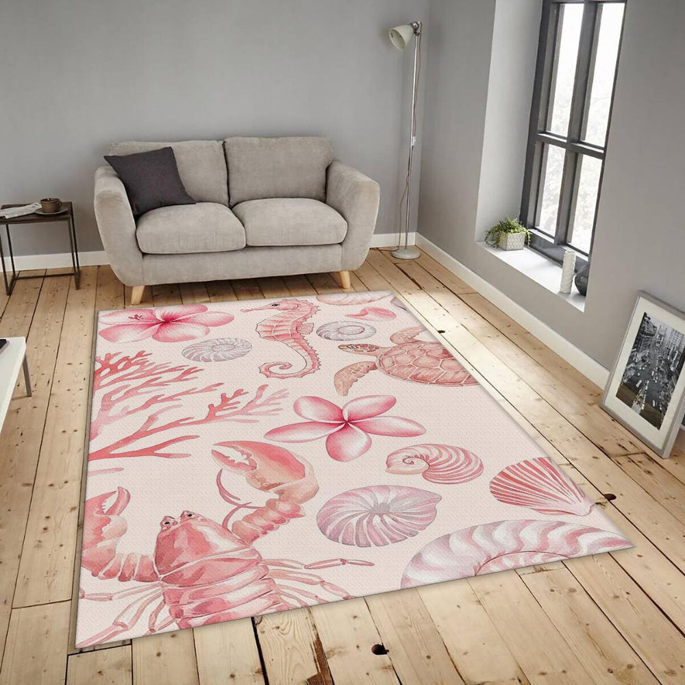 Pink Coastal Rug, Watercolor Sea Turtle