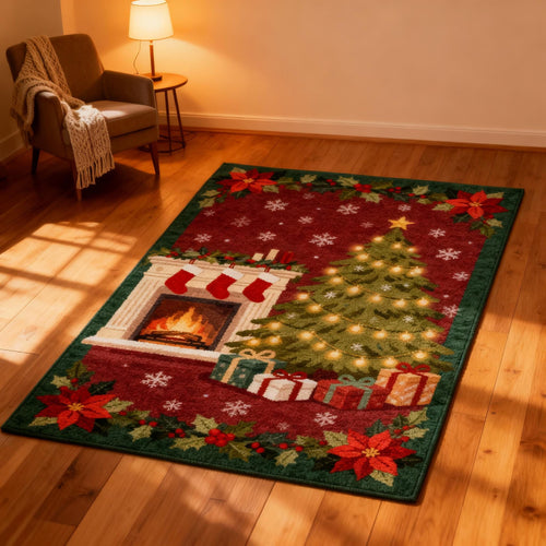 Traditional Christmas Rug, Red Holiday Area Rug, Vintage Xmas