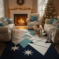 Navy Blue Christmas Rug, Modern Holiday Decor, Geometric Trees