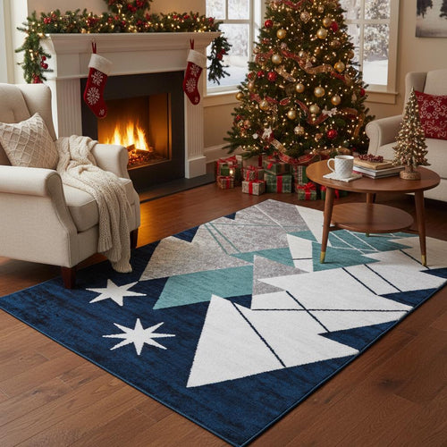 Navy Blue Christmas Rug, Modern Holiday Decor, Geometric Trees