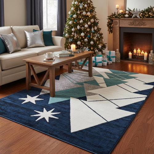 Navy Blue Christmas Rug, Modern Holiday Decor, Geometric Trees