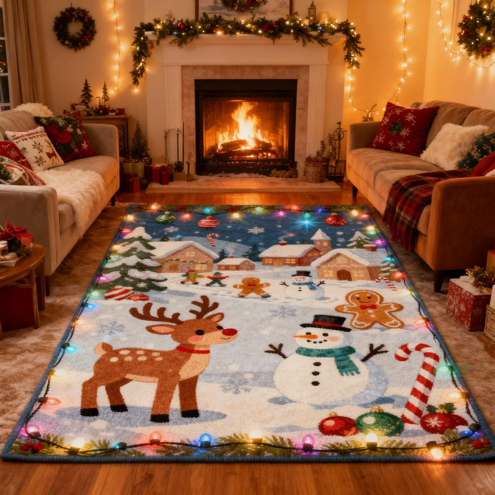 Cute Christmas Rug, Whimsical Holiday Area Rug, Kawaii Winter