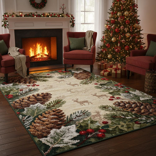 Rustic Christmas Rug, Winter Cabin Area Rug, Pinecone and Deer