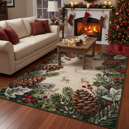 Rustic Christmas Rug, Winter Cabin Area Rug, Pinecone and Deer