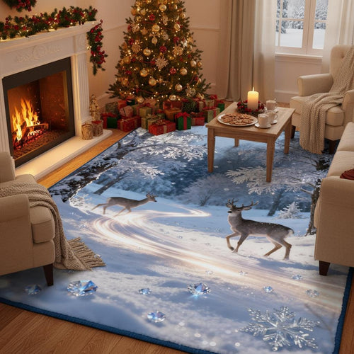 Magical Winter Rug, Snowy Forest Deer Carpet