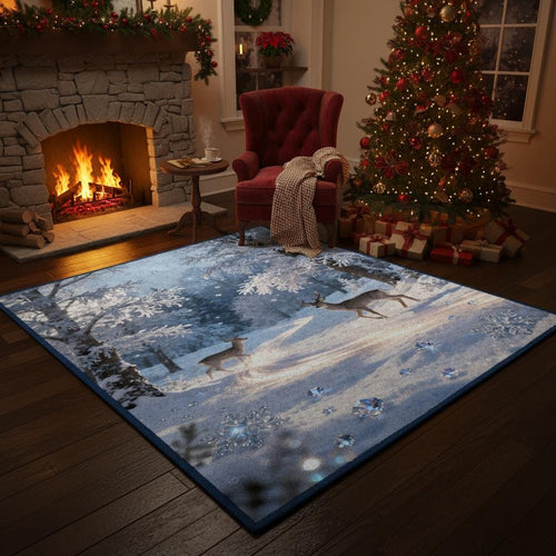 Magical Winter Rug, Snowy Forest Deer Carpet