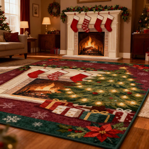 Traditional Christmas Rug, Red and Green Holiday Carpet