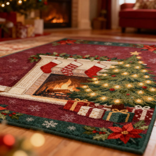 Traditional Christmas Rug, Red and Green Holiday Carpet