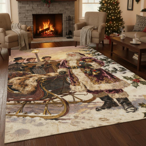 Vintage Christmas Rug, Victorian Santa Claus Carpet