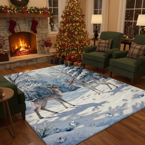 Magical Winter Rug, Snowy Forest Deer Carpet