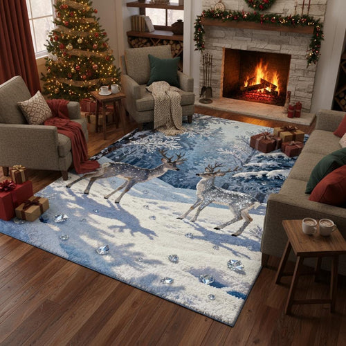 Magical Winter Rug, Snowy Forest Deer Carpet